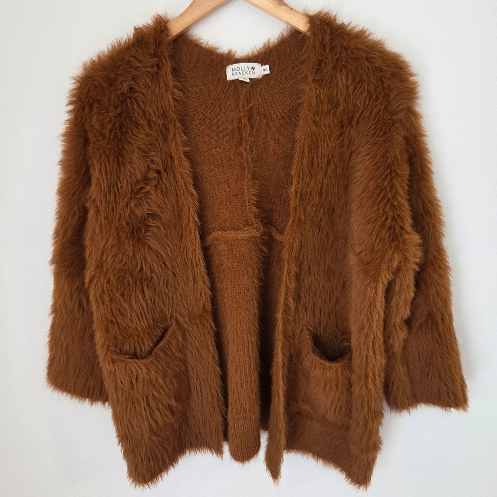 Molly Bracken Womens Cognac Shaggy Faux Fur Open Cardigan M/L LA1260AH